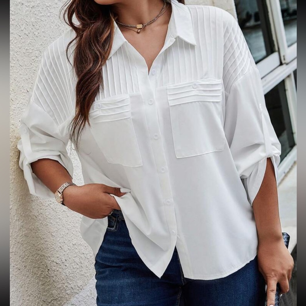 Classic white pleated oversized button up boyfriend top